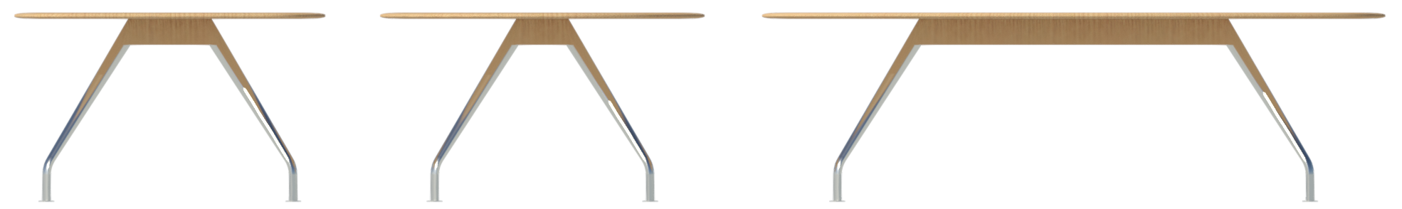 Revir render of Square, round and oval Graph tables in elevation view shown from the side.